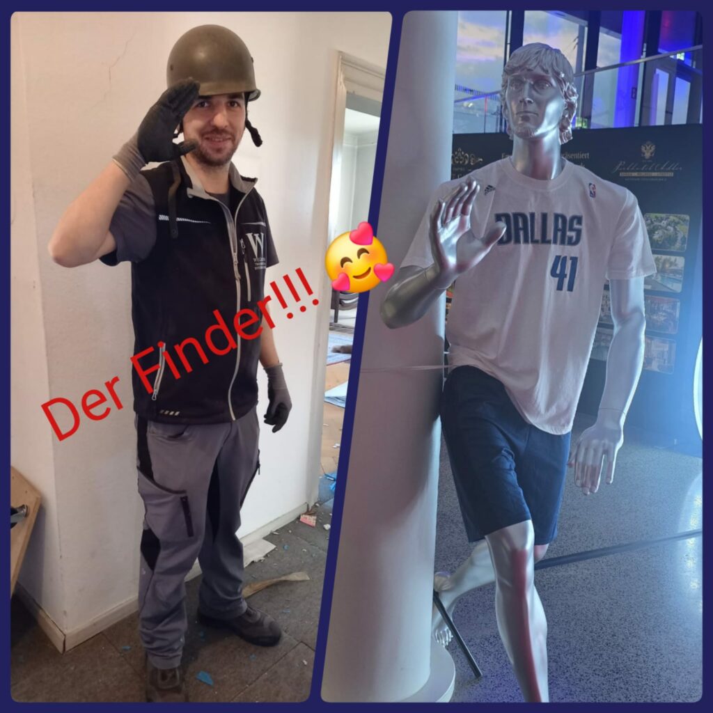 Christian Rothemel von Wegmann Transporte & Entrümpelung präsentiert die lebensgroße Basketball-Statue vor dem Transport zum Sport- und Medienball